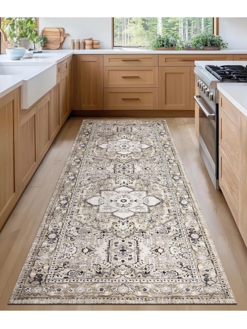Vintage Farmhouse Boho Runner Rug 2x6 ft - Taupe/Vanilla